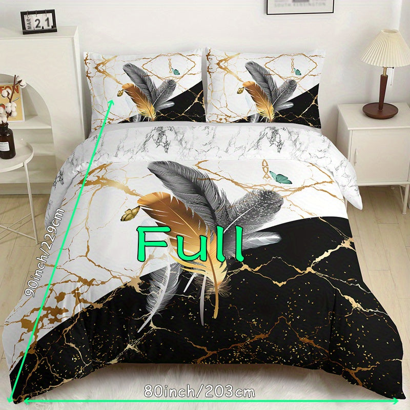 Duvet Cover Set with Marble Feather Print Soft Bedding for Bedroom and Guest Room