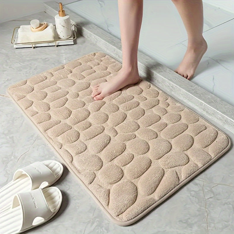 Coral Fleece Bath Mat with Geometric Pebble Design Low Pile Machine Washable Non-Slip Polyester Rug