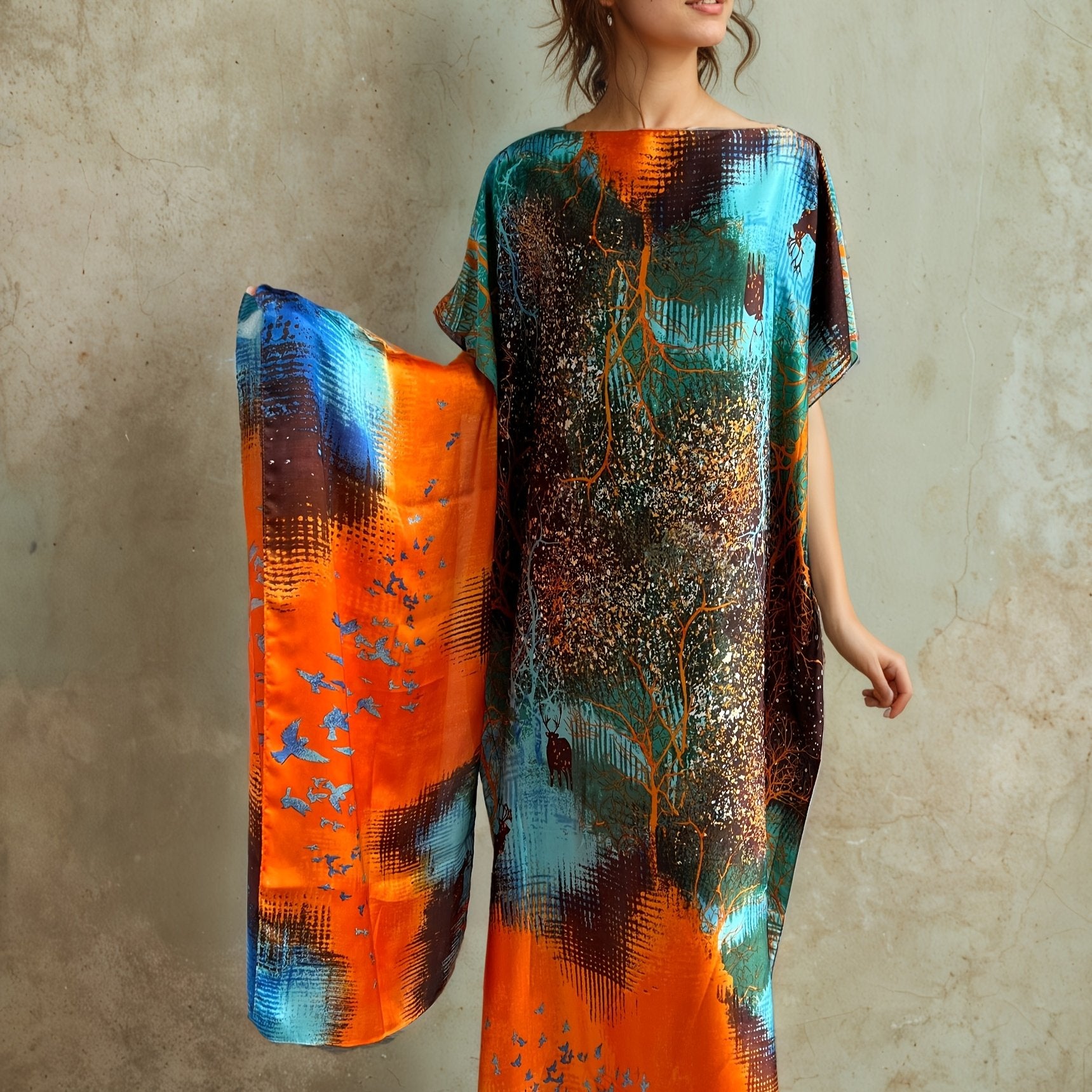 Plus o'lchamli ayollar uchun gul bosma kaftan kiyi va sharf bilan uzun tunik