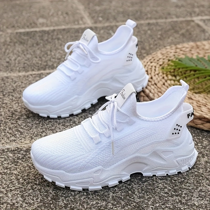 Women's White Knitted Casual Sports Shoes for Running and Vacation