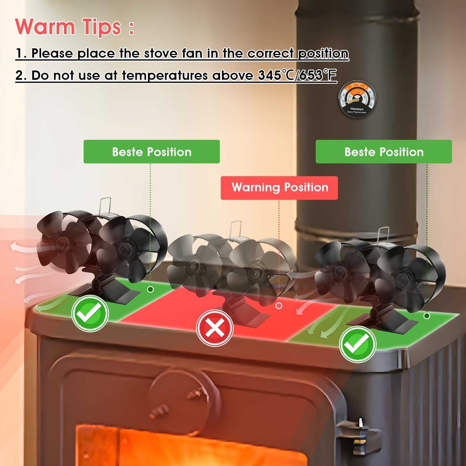 Wood Stove Fan with Dual Motors, Heat Powered Fireplace Fan, Magnetic Thermometer