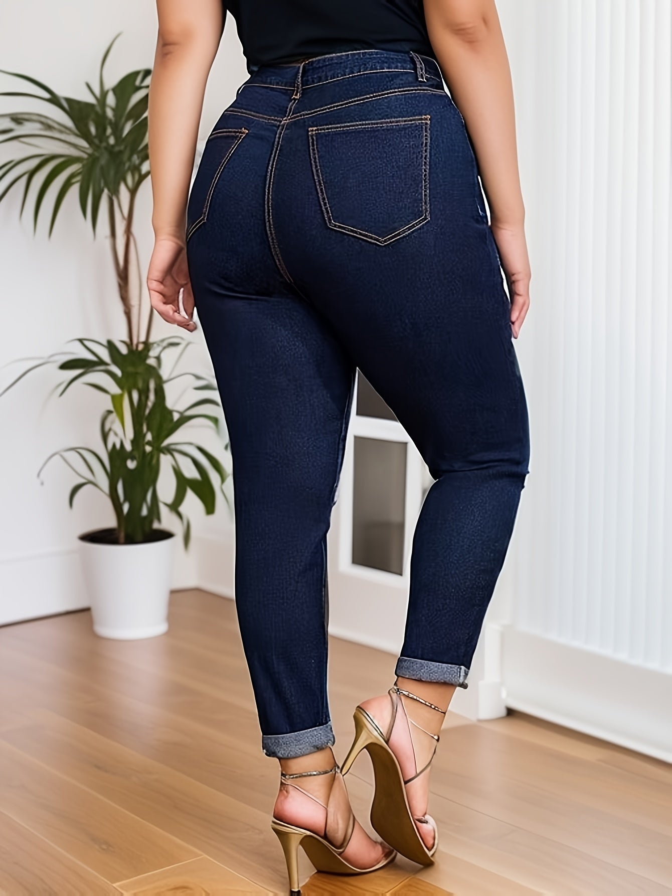 Plus Size Women's High Rise Skinny Jeans with Rolled Button Fly and Medium Stretch Denim