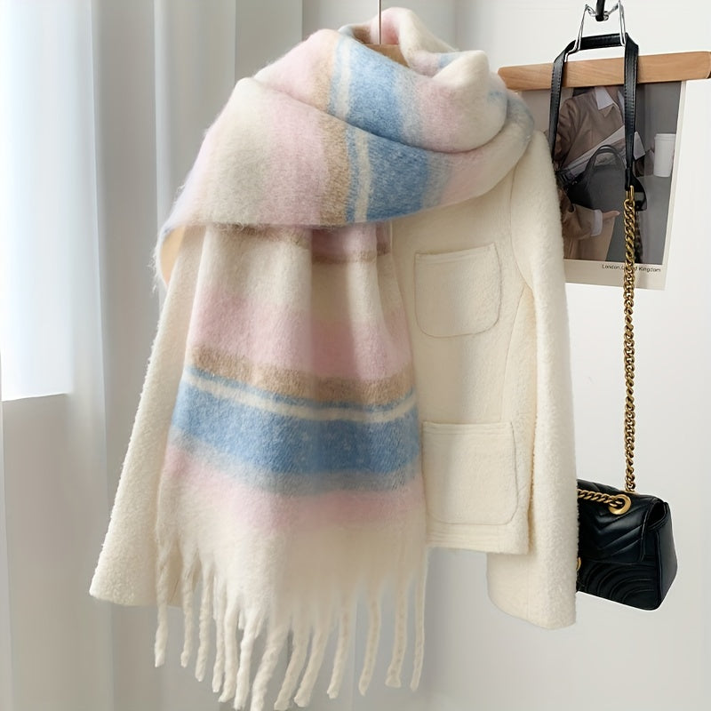 Cozy Striped Chunky Scarf for Couples Warm Windproof Autumn Winter Polyester Shawl