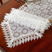 Polyester Table Runner with White Embroidery Flowers and Lace Edge for Dining or Room Decor