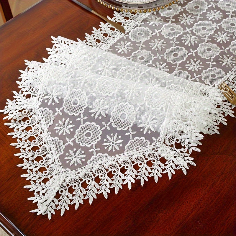 Polyester Table Runner with White Embroidery Flowers and Lace Edge for Dining or Room Decor
