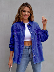 Women's Plus Size Distressed Retro Denim Jacket with Raw Hem Long Sleeve Solid Color Spring Summer