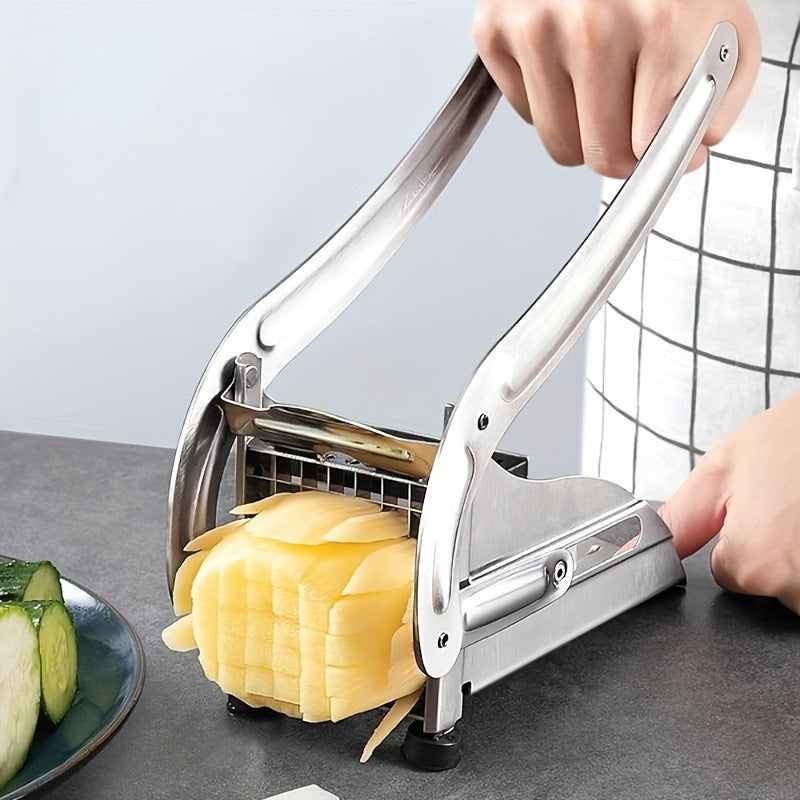 Stainless steel kartoshka kesgich, ikki pichoq bilan fransuz kartoshkasi bo‘laklariga bo‘lish uchun, barqarorlik uchun yopishmaydigan suv o'tkazmaydigan yopishqoq qopqoq bilan. Havo fritözlari bilan mos keladi va sabzavotlar uchun ham ishlatilishi mumkin.