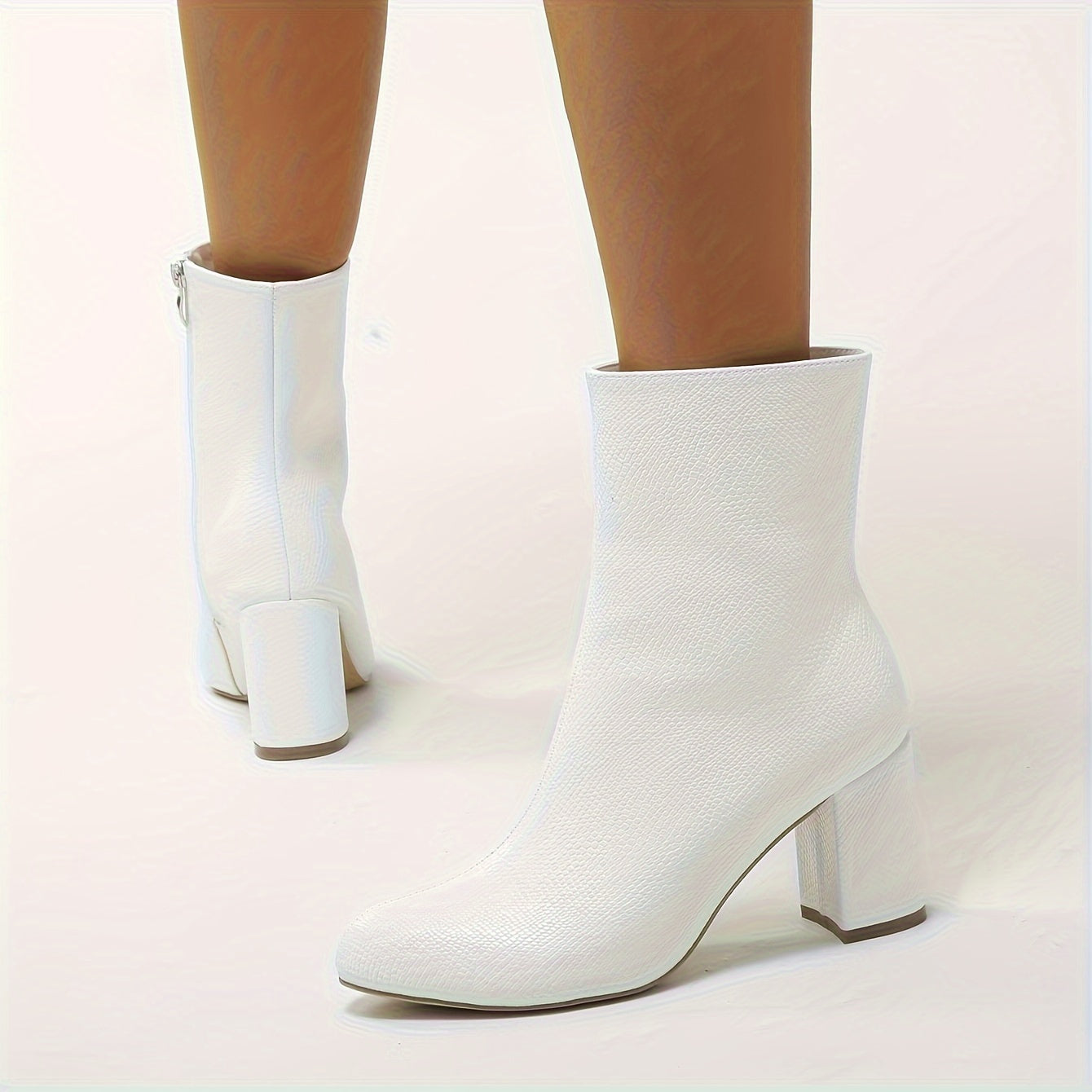 Women's Winter Boots Leather Chunky Heel Side Zipper Plush Lining