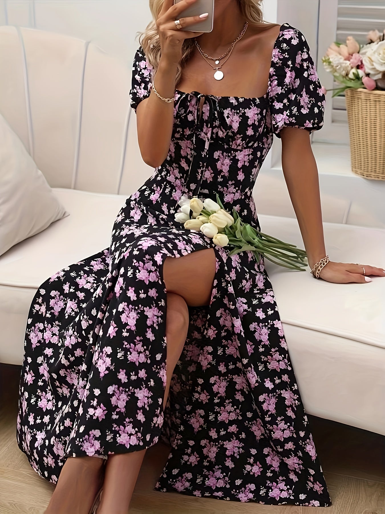 Women's Floral Print Puff Sleeve Dress with Split Hem for Summer