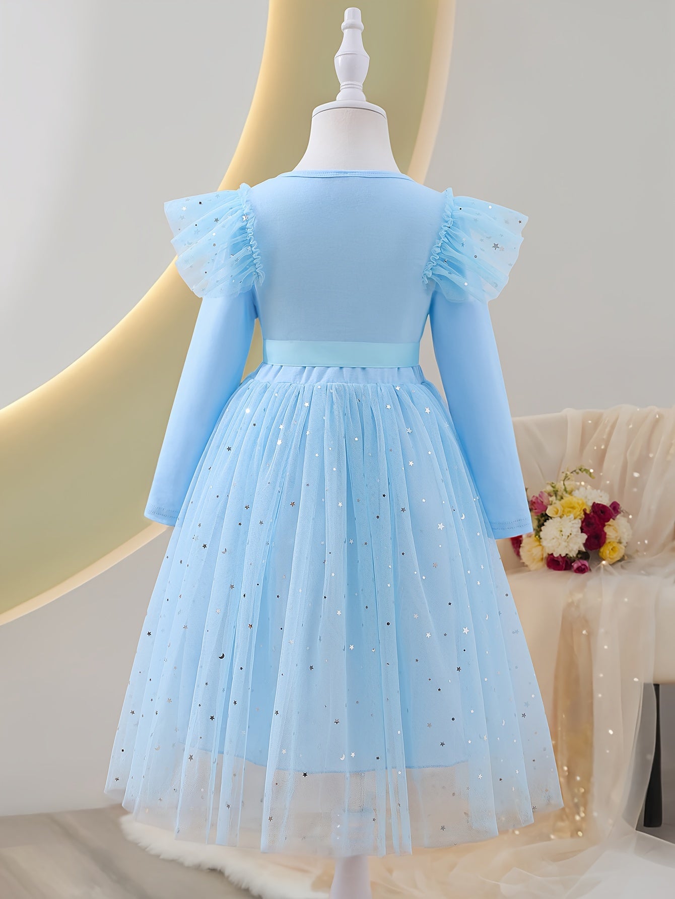 Girls Long Sleeve Tulle Hem A-line Dress for Spring Fall Casual Party Outdoor