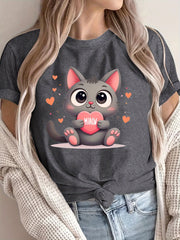 Camiseta de gran tamaño para mujer de corte holgado, algodón suave y transpirable, camiseta con gráfico de gato