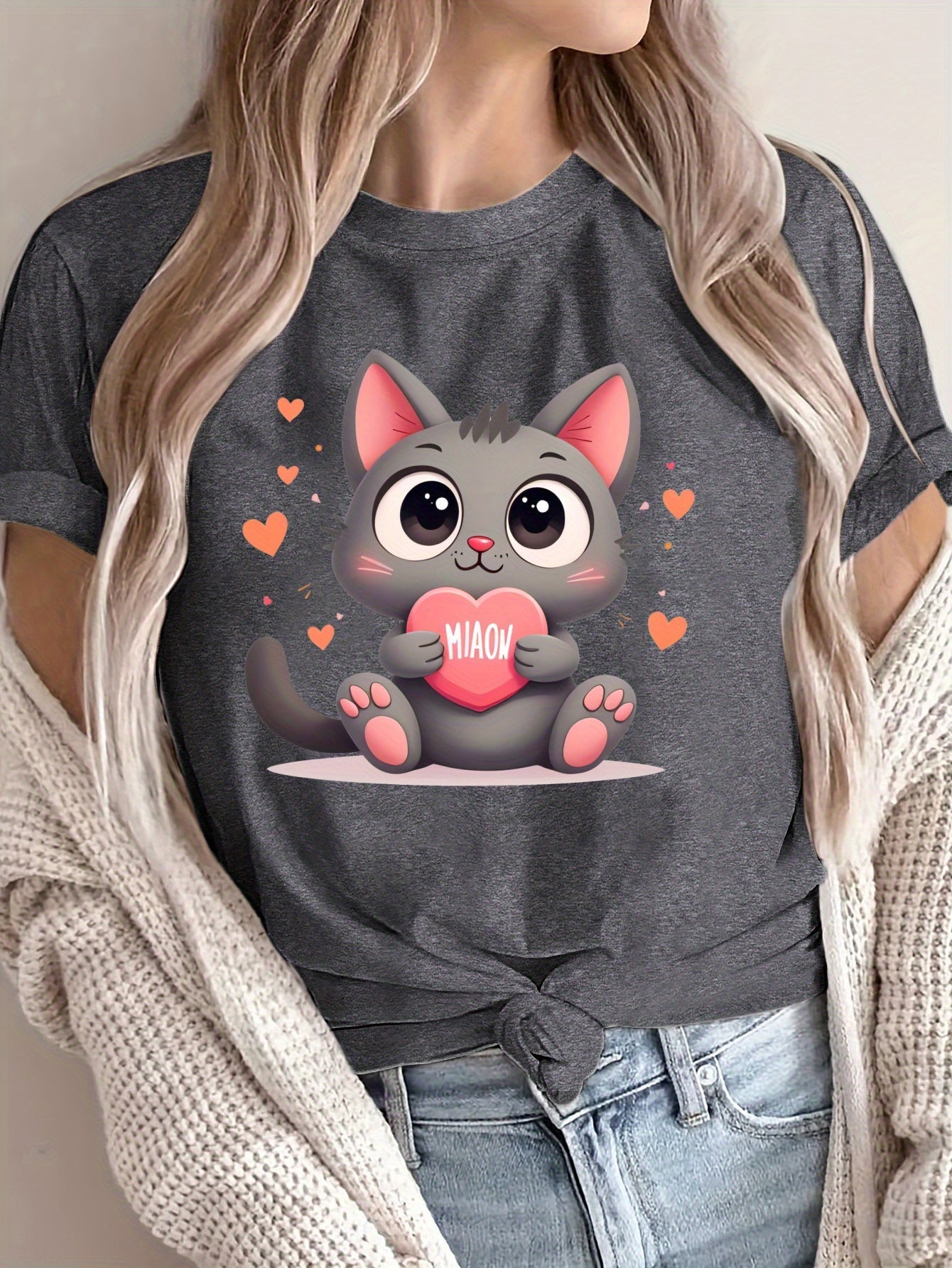 Camiseta de gran tamaño para mujer de corte holgado, algodón suave y transpirable, camiseta con gráfico de gato