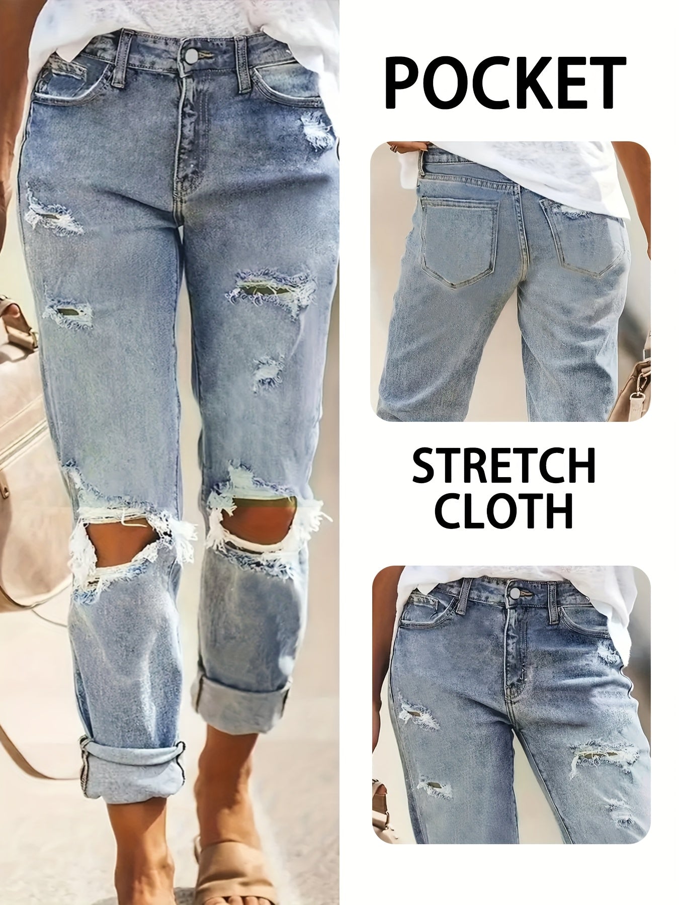 Women's Plus Size Light Blue Denim Straight-Leg Jeans with Frayed Hem
