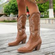 Женские сапоги из искусственной кожи миди-длина в стиле вестерн с вышивкой и массивным каблуком