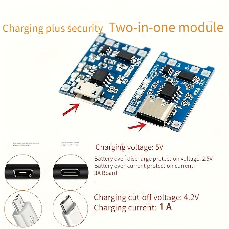 Módulo cargador de batería de litio USB Micro Tipo-C 1A protección dual sin carga