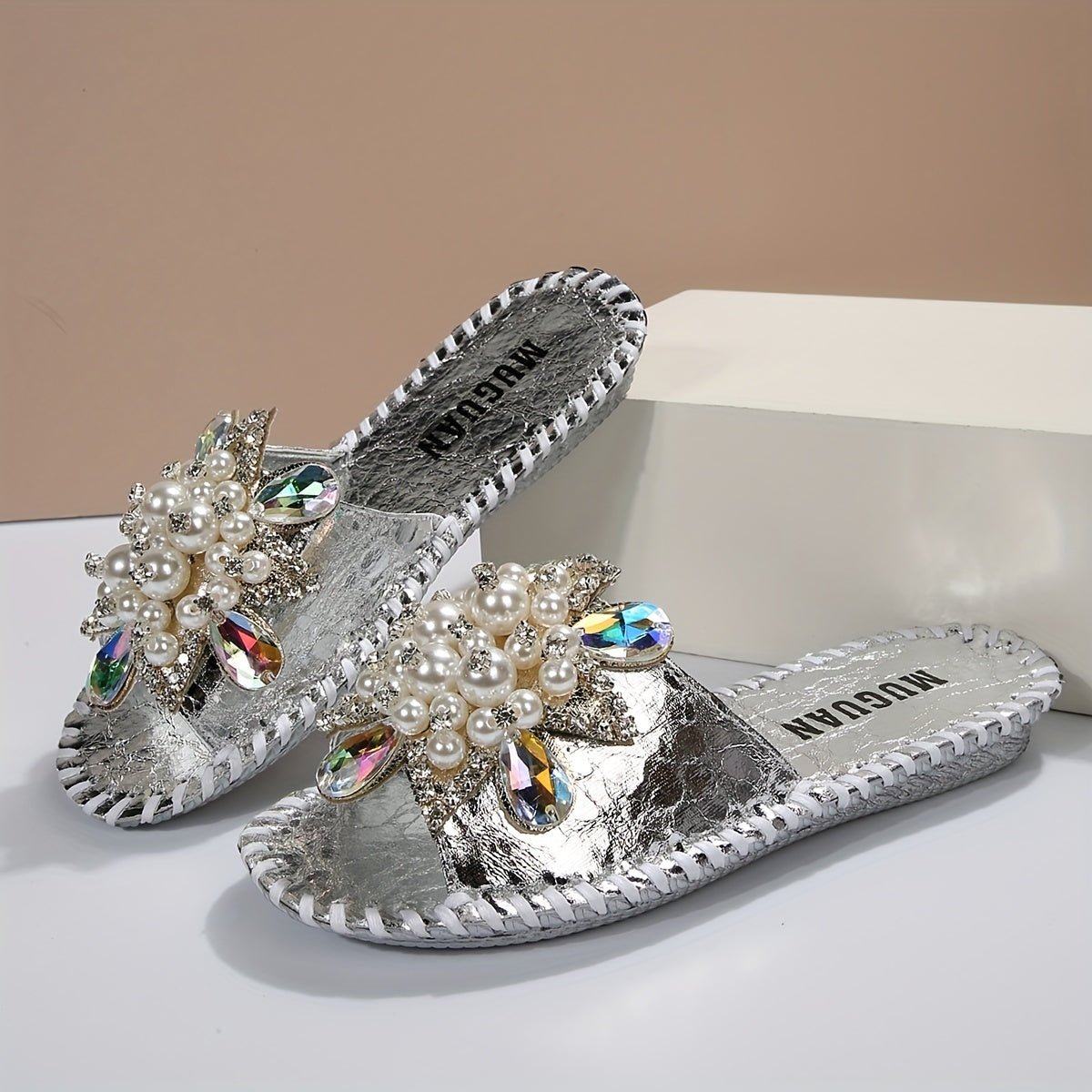 Women's Hand Stitched Floral Rhinestone Pearl Open Toe Slippers for Outdoor Casual