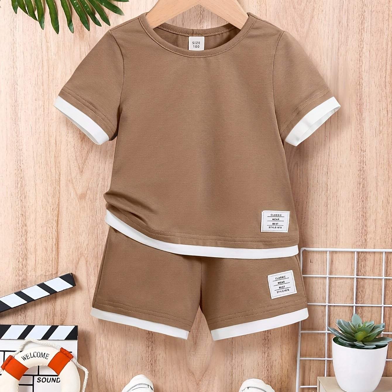 Erkaklar va bolalar uchun jigarrang shortlar to'plami, paxta-polyester, yozgi kundalik kiyim