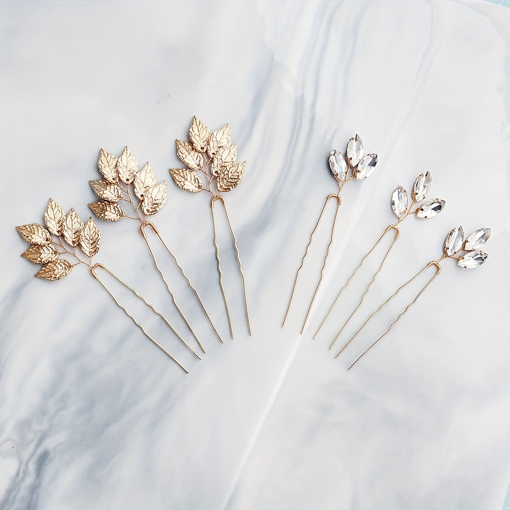 Set of 6 Leaf and Rhinestone Hair Pins for Bridal Wedding Hair Accessories