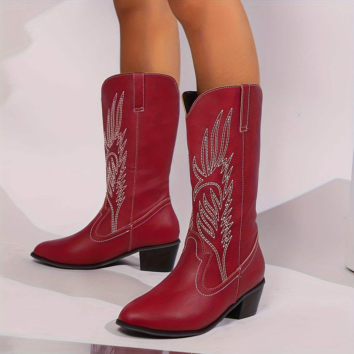 Women’s Solid Color Western Boots with Chunky Heel and Pointed Toe