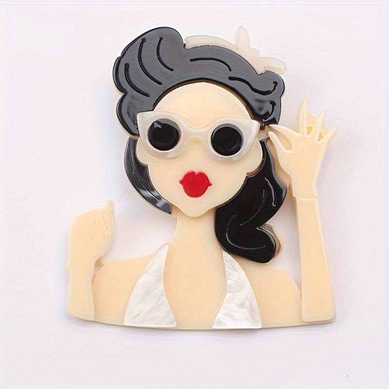 Vintage uslubidagi akril pin, kiyim aksessuarlari uchun mukammal retro ko'zoynakli ayol boshli pendant