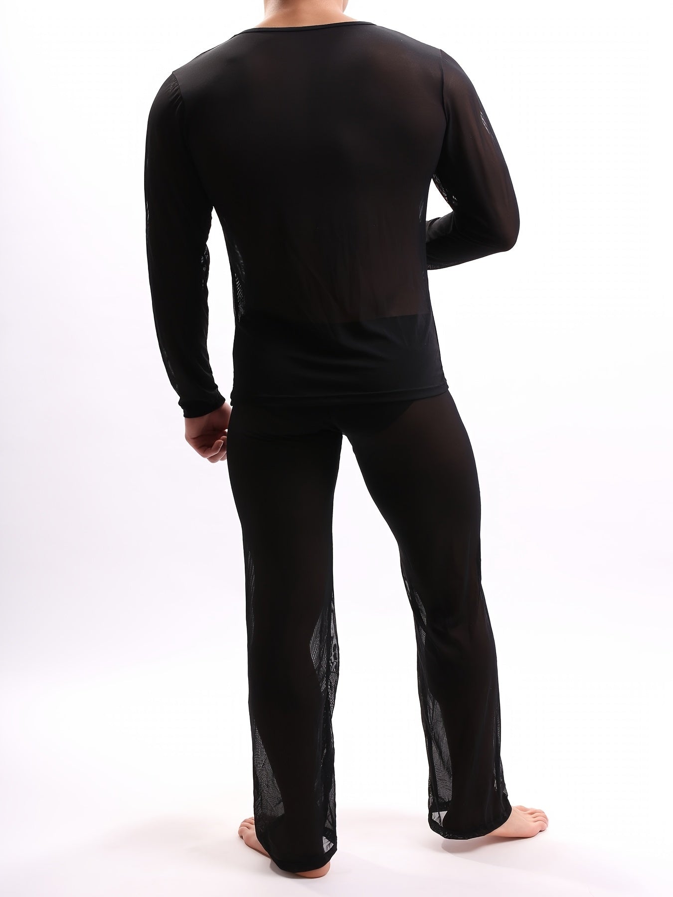 Conjunto de ropa de descanso de manga larga y tela transparente para hombre, de color sólido, poliéster y spandex