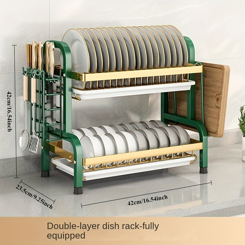 Stainless Steel Kitchen Organizer 2-Tier Dish Rack with Draining System