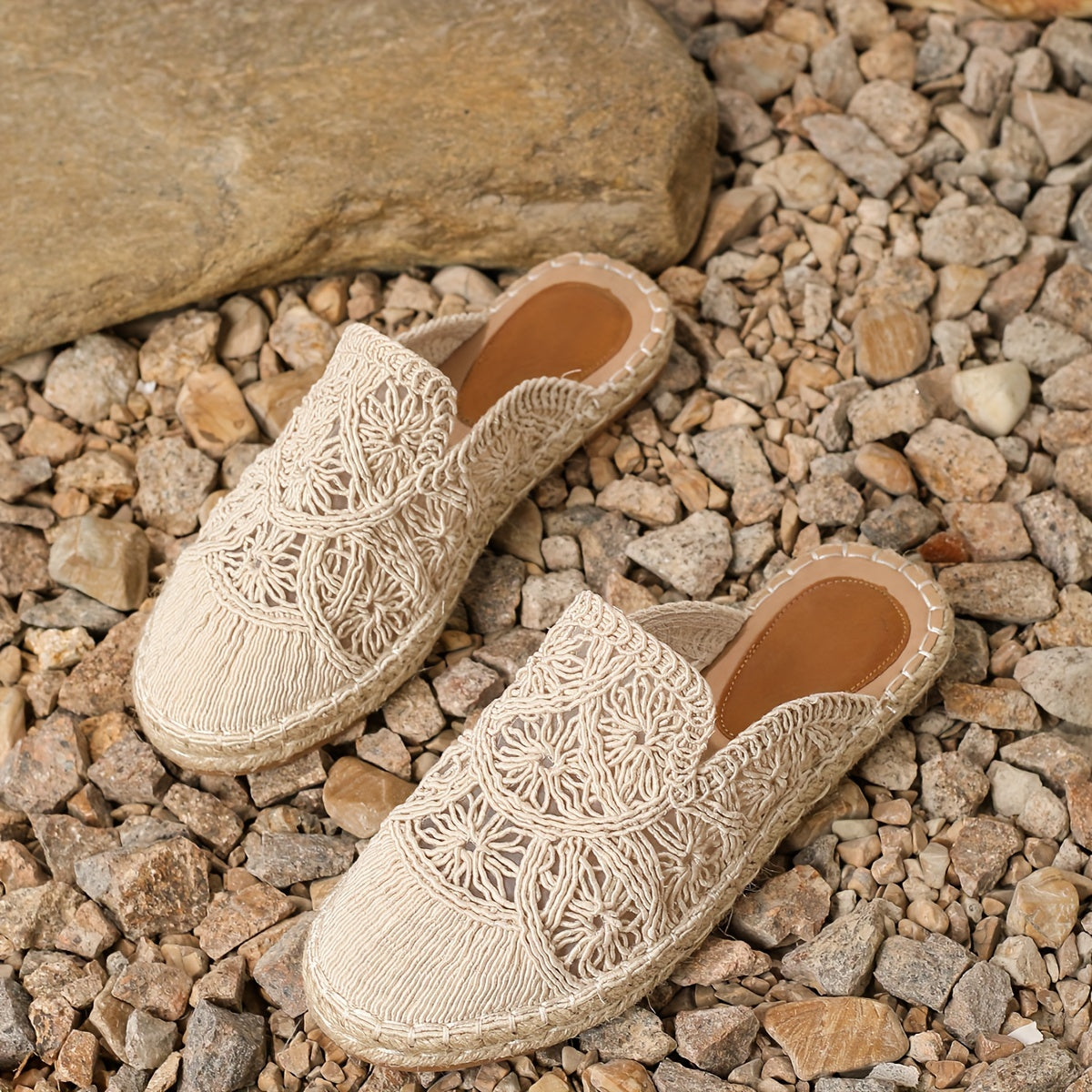 Women's Mesh Flat Slip-On Shoes Casual Vacation Straw Sole Sandals