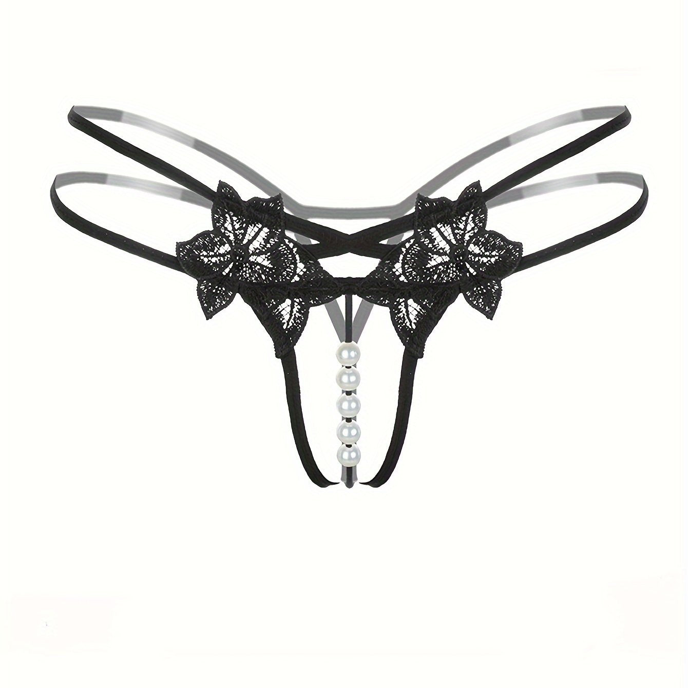 Women's Black Sheer Polyester Thongs with Floral Embroidery and Pearl Accents