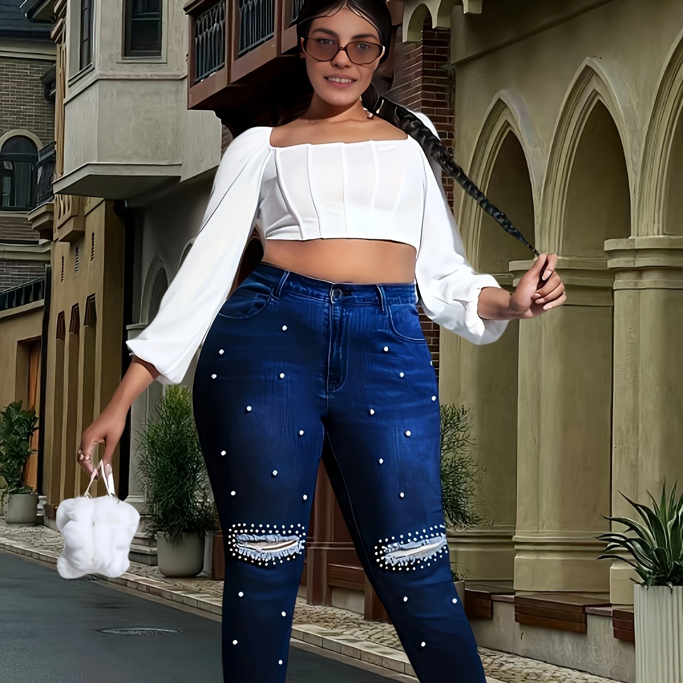 Plus Size Women's High-Stretch Skinny Jeans with Pearls Denim Pants for Casual and Formal Wear