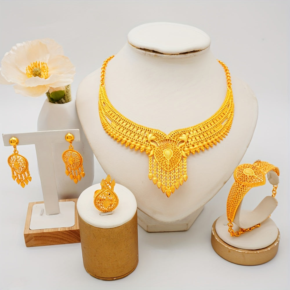 Copper Gold Bridal Jewelry Set with Tassel Earrings Necklace Ring Bracelet