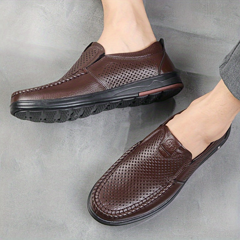 Men's Leather Casual Loafers with Hollow Out Design Slip-On Breathable Wear-Resistant for Outdoor and Office