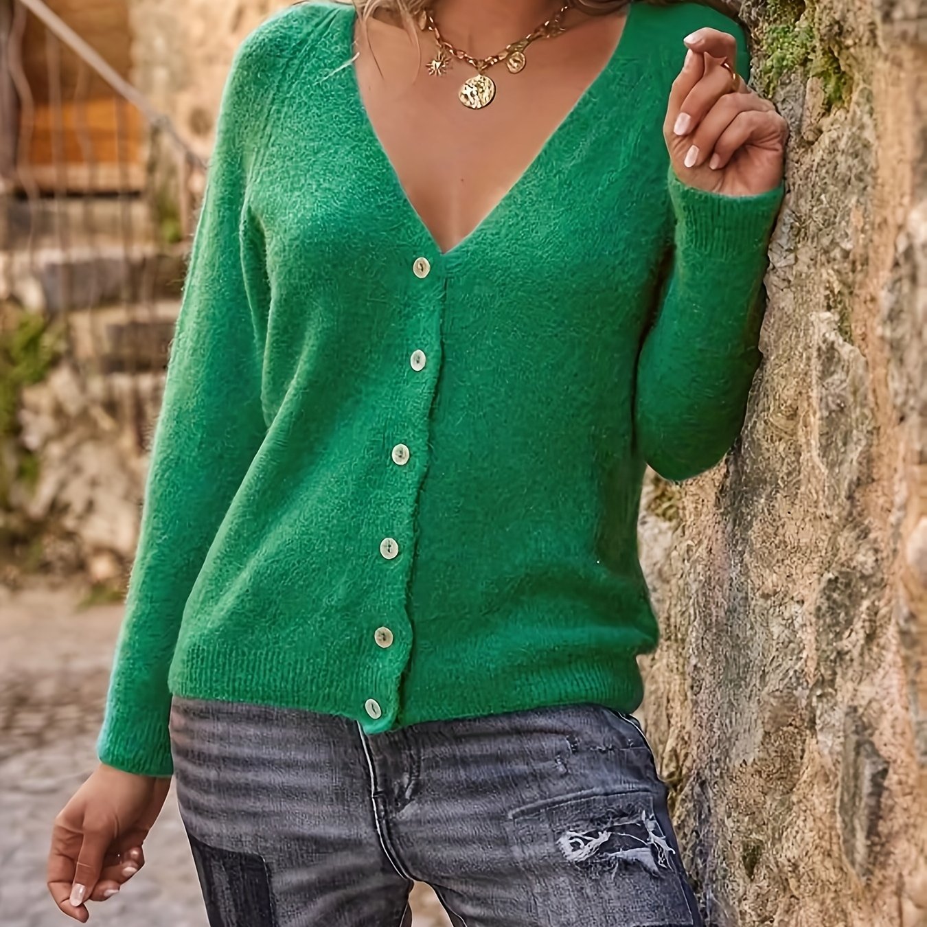 Women's Solid Color V-Neck Knit Cardigan with Raglan Shell Buttons