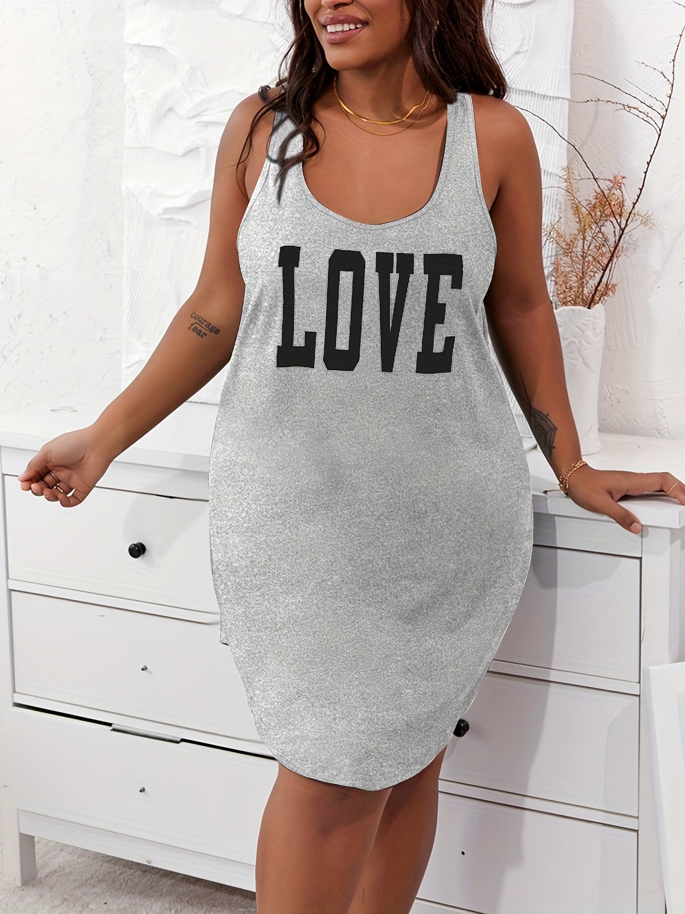 Women's Plus Size Light Blue Love Print Sleeveless Sleep Dress with Shoulder Cut-Outs