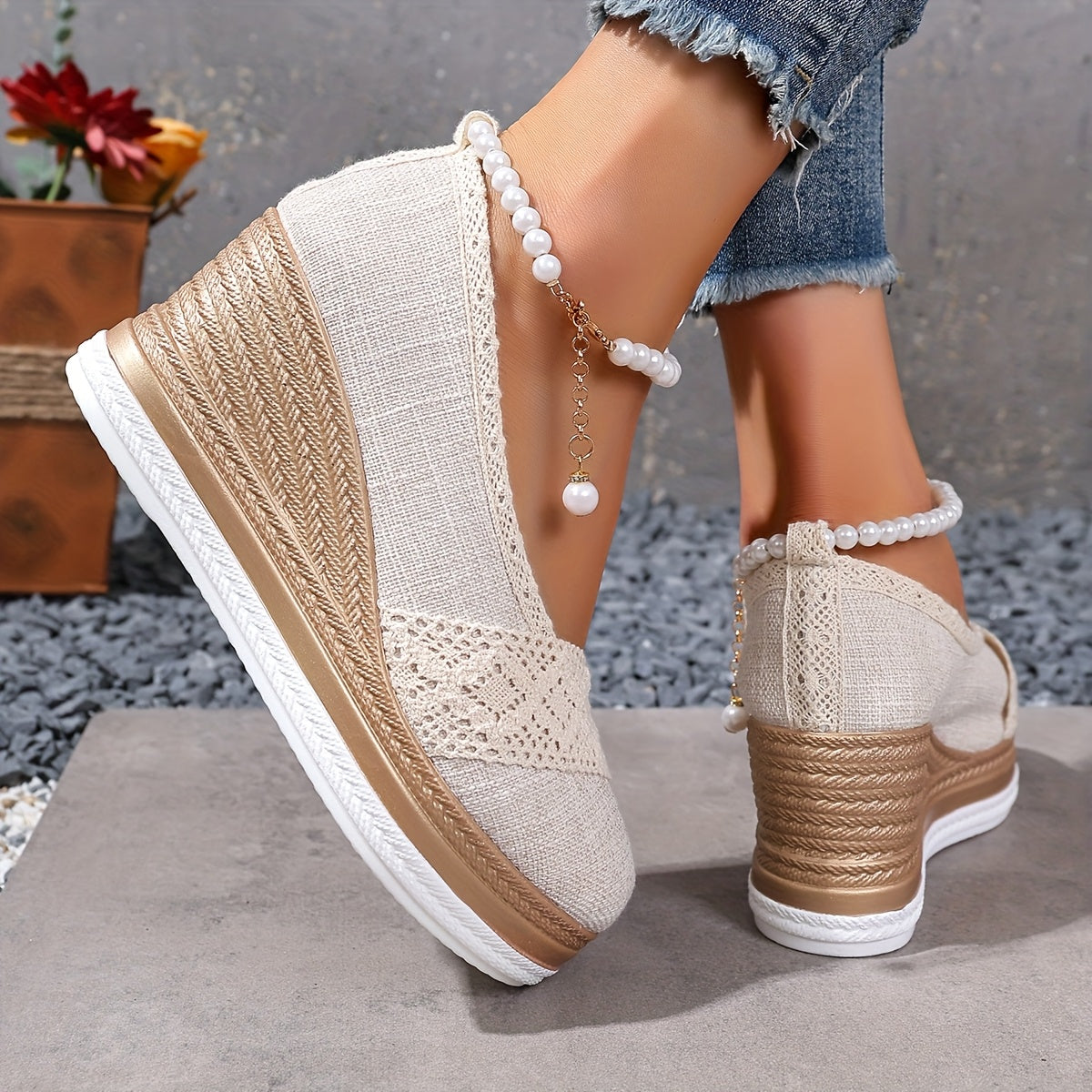Women's Slip-On Loafers Wedge Sole Breathable Fabric Casual Shoes Beige White
