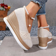 Women's Slip-On Loafers Wedge Sole Breathable Fabric Casual Shoes Beige White