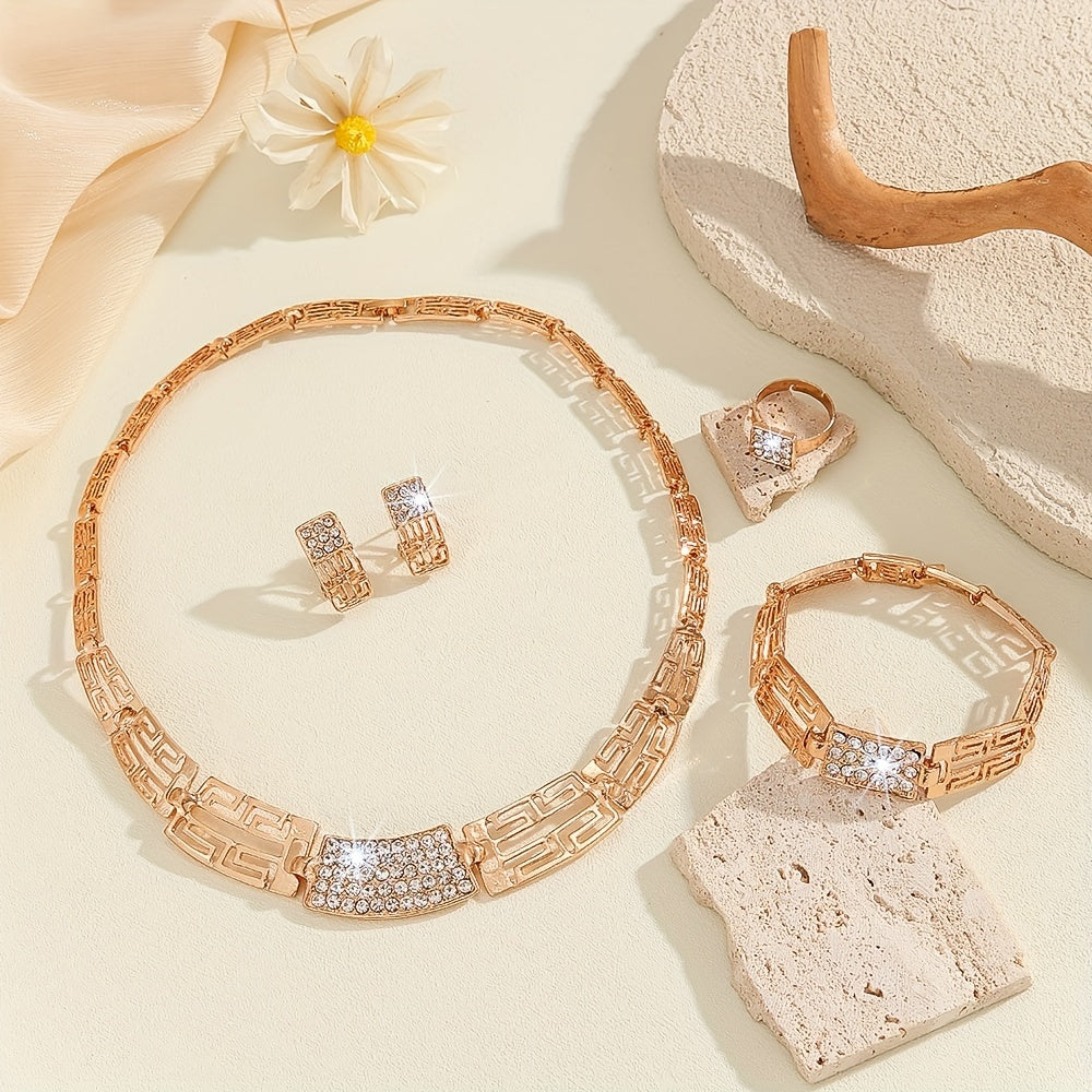 Vintage Bohemian Jewelry Set with Rhinestone and Synthetic March Birthstones Necklace Bracelet Earrings Ring