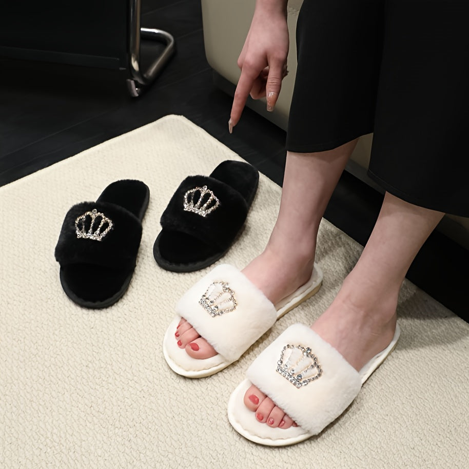 Women's Fuzzy Slippers Rhinestone Crown Indoor Non-slip Cozy Shoes