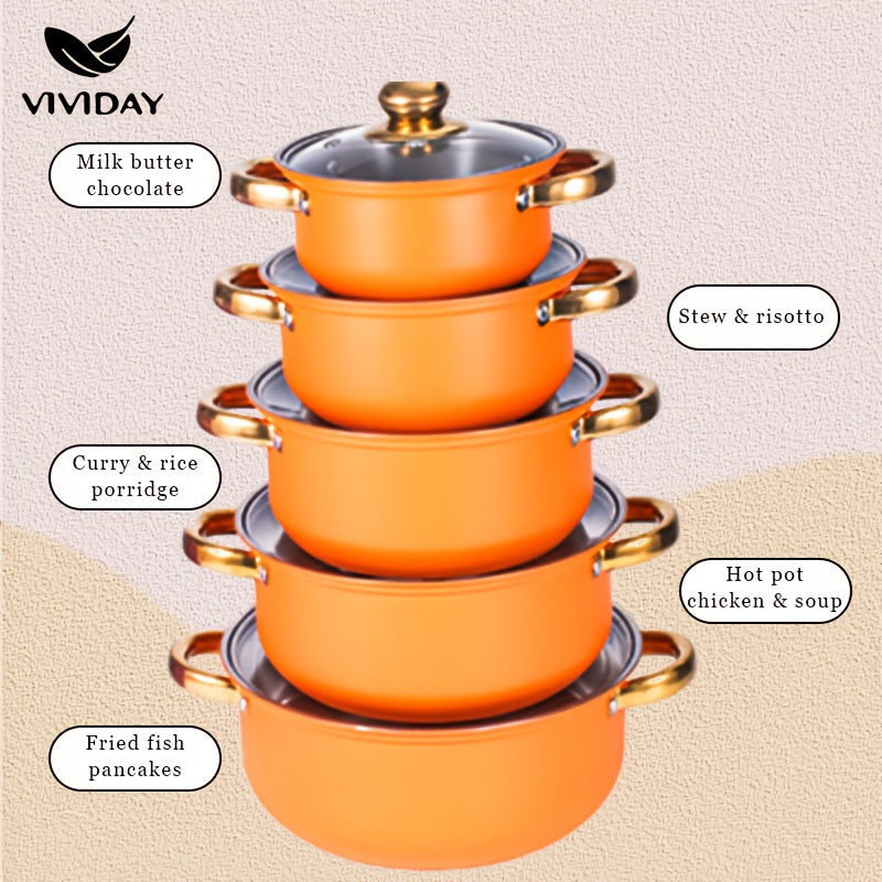 Stainless Steel Induction Cookware Set 10 Pieces with Glass Lids, Nonstick, Suitable for All Stovetops