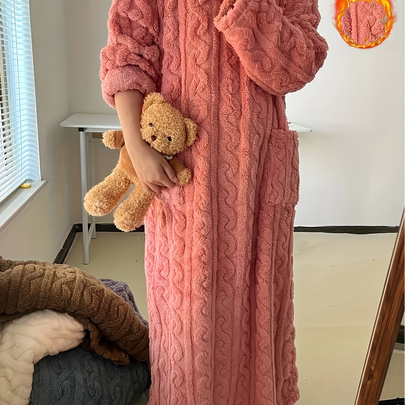 Women's Fleece-Lined Jacquard Winter Robe Long Sleeve Color-Block Loungewear