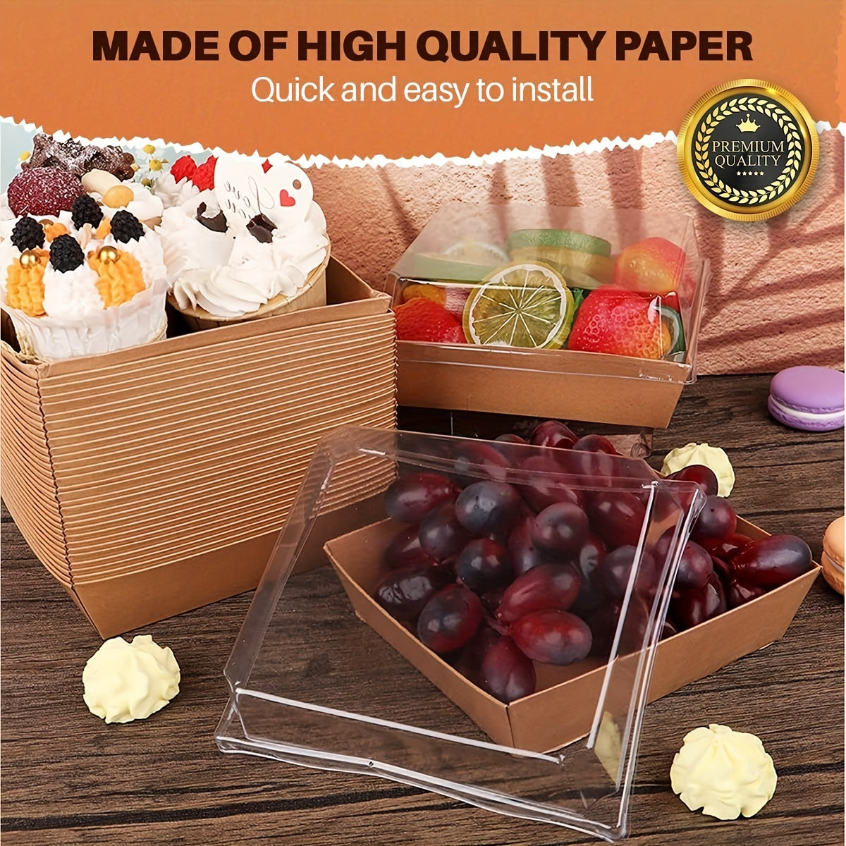 Peshana, sendvich, pechenelar uchun 50 ta shaffof qopqog'li qog'oz charcuterie qutilari