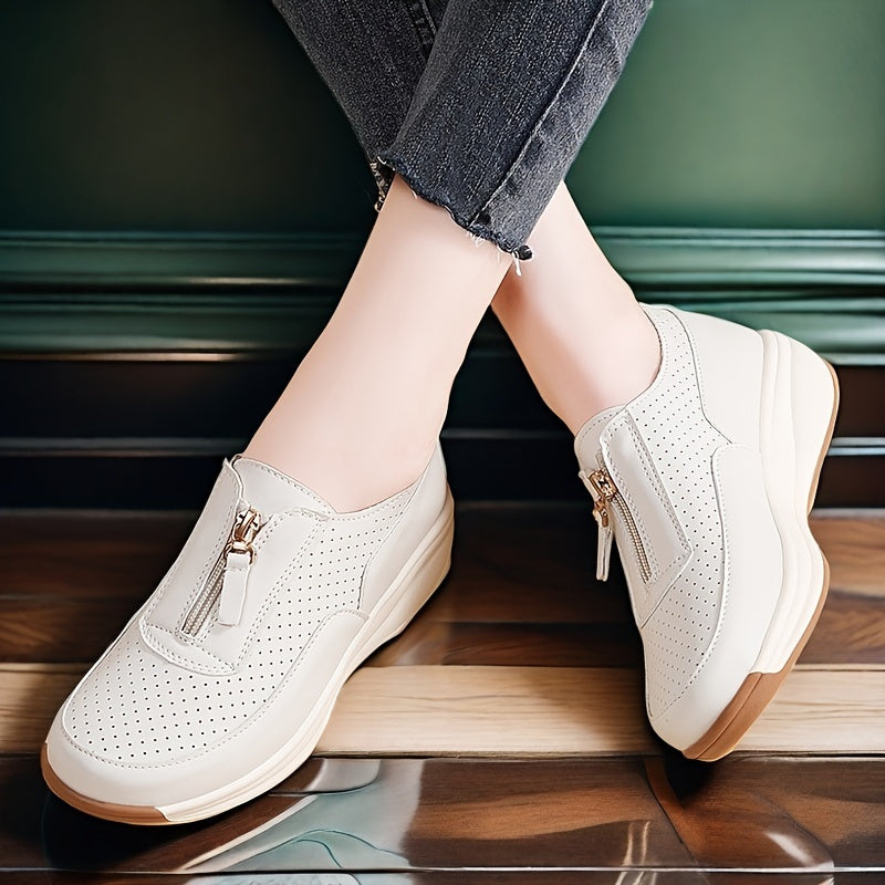 Women's Beige Perforated Casual Sneakers with Zipper, Thick Sole and Anti-Slip