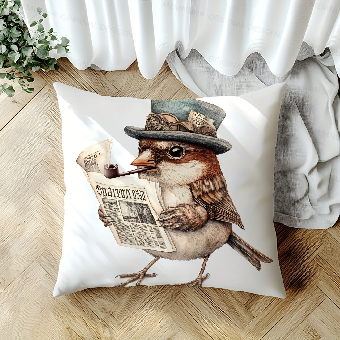 44.96x44.96cm Single-Sided Printed Cushion Cover Smoking Robin Retro Style Polyester Zipper Closure Machine Washable for Living Room Sofa Bedroom Decor