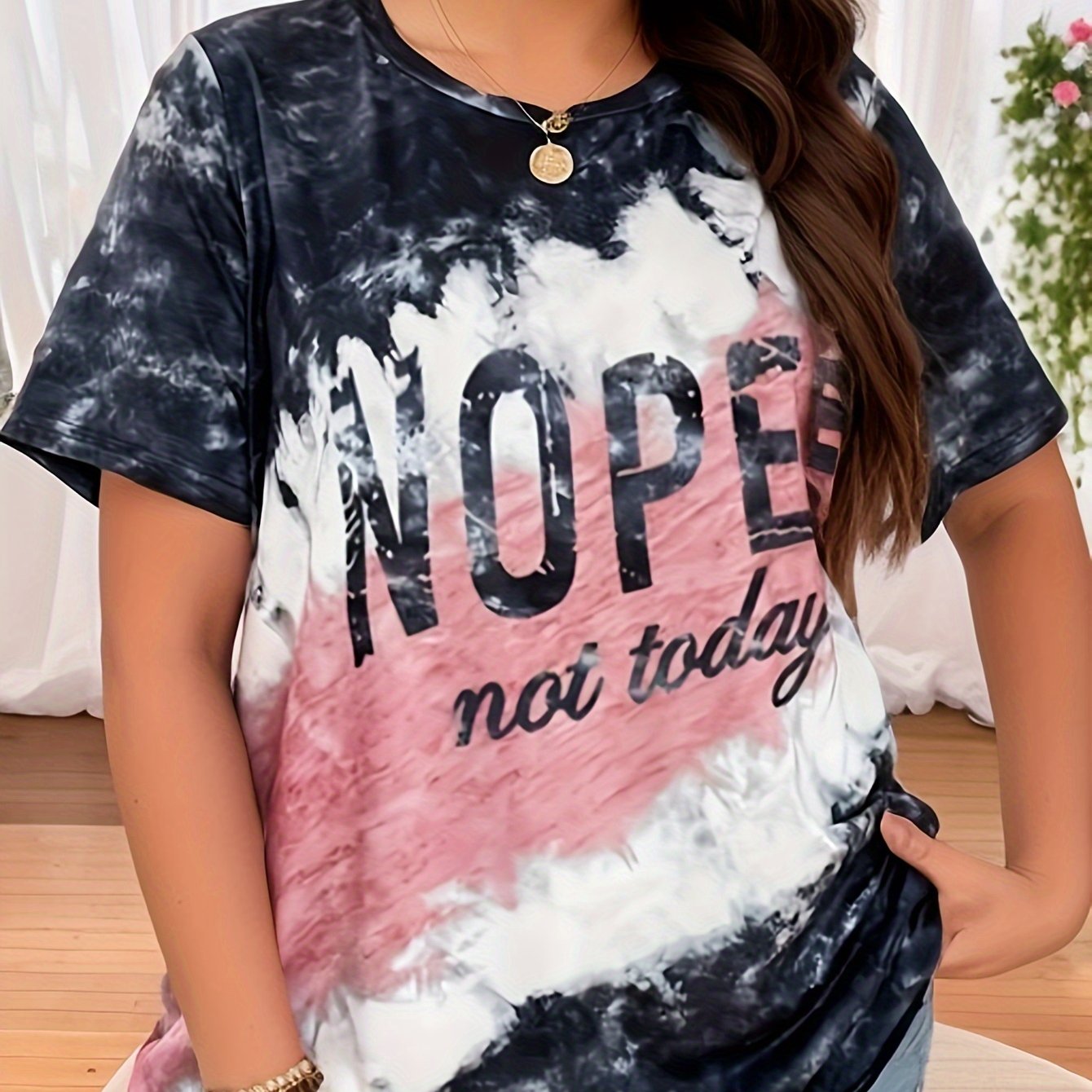 Plus Size NOPE Print T-Shirt Women Short Sleeve Crew Neck Casual Knit Fabric