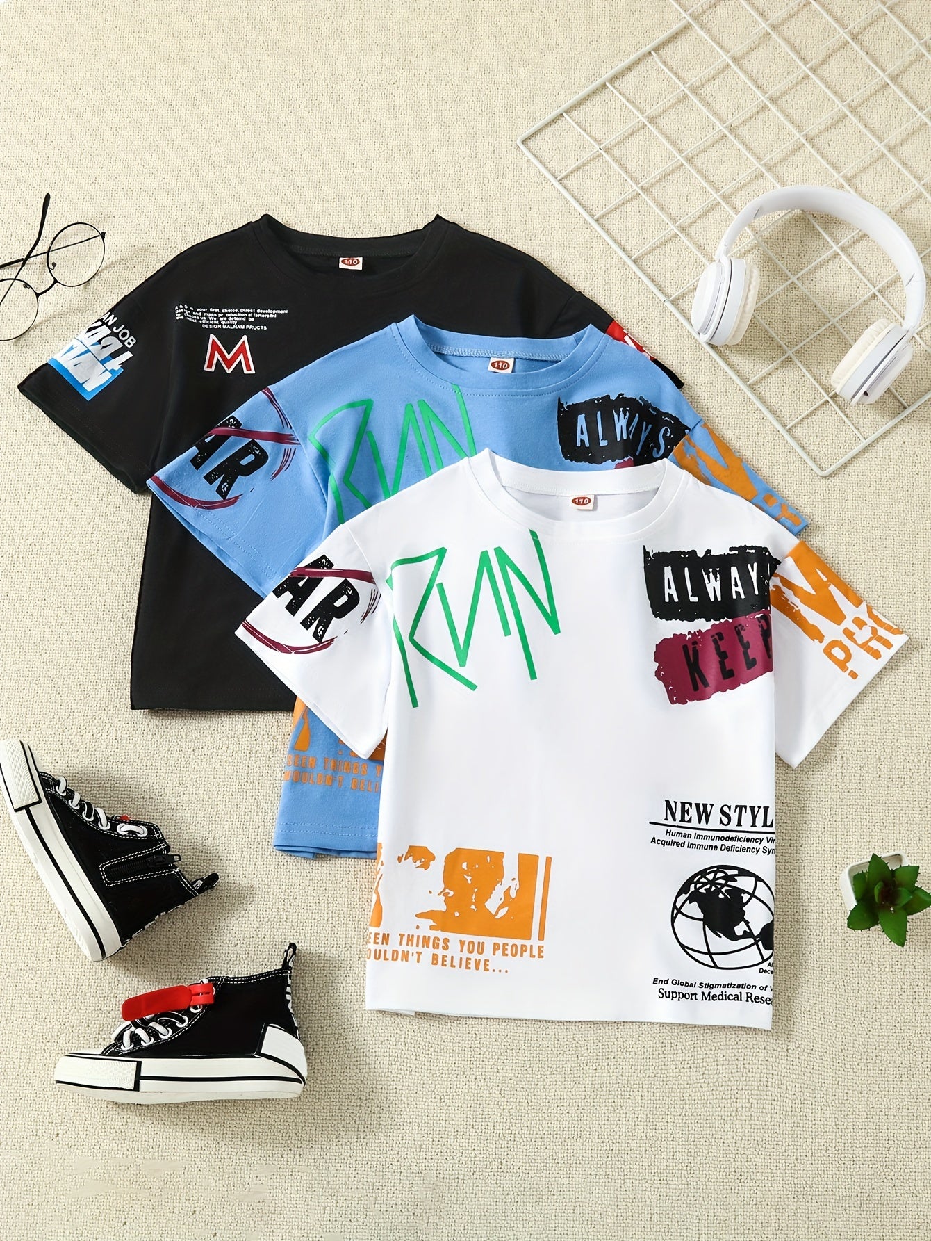 Kids Boys Cotton T-Shirts Summer Cartoon Prints Drop Shoulder Short Sleeve Pack of 3