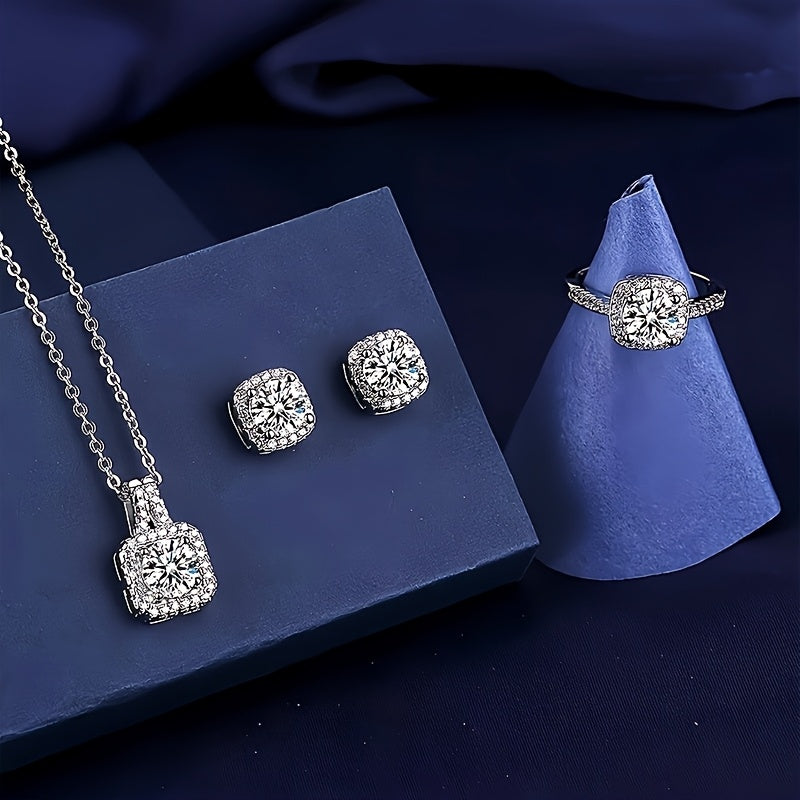Women's Jewelry Set with Square Synthetic Zirconia Earrings Ring and Necklace Elegant Luxury Gift