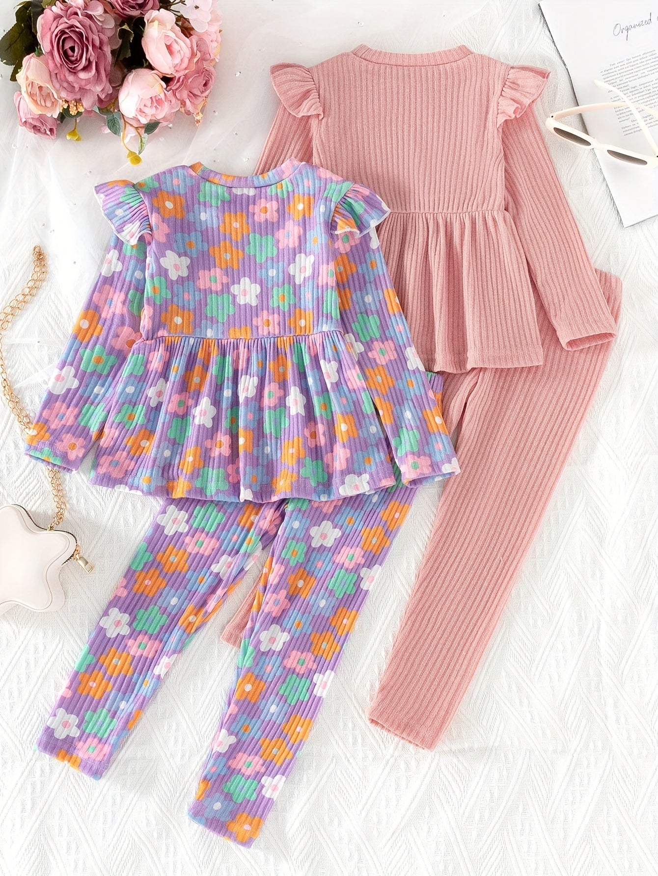 Girls Long Sleeve Peplum Top and Casual Pants Co-ords Set Floral Solid Spring Fall Outdoor Clothes