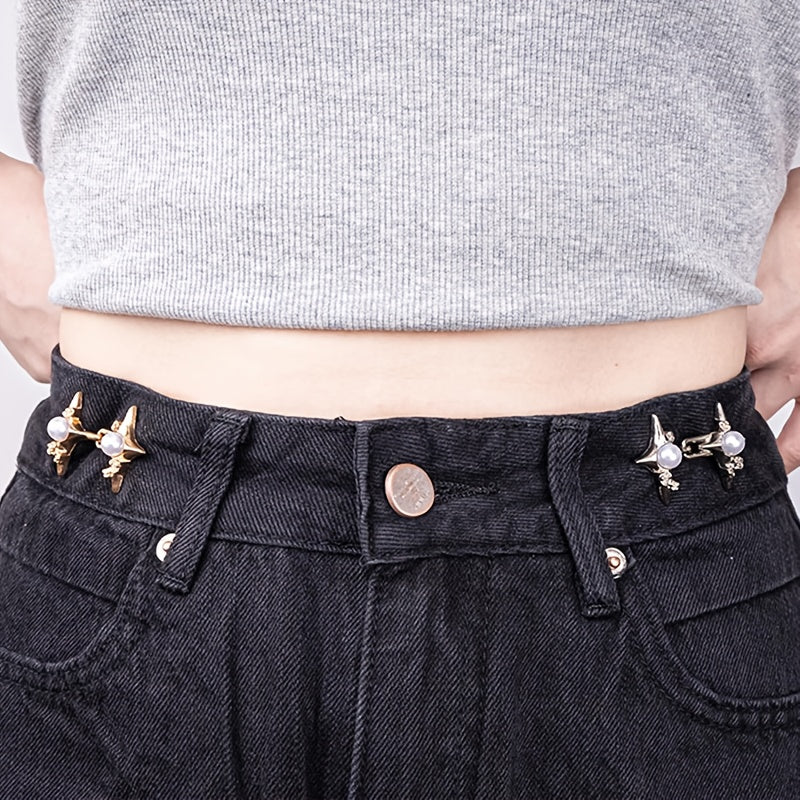 Set of 3 Crossed Star Waist Cincher Pins for Pants with Invisible Buckle