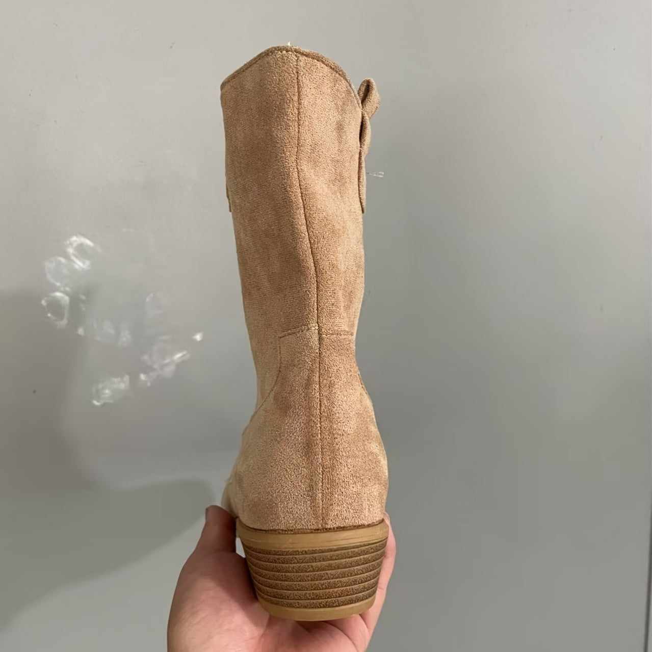 Women's Beige Slip-On Ankle Boots with Pointed Toe and Block Heel