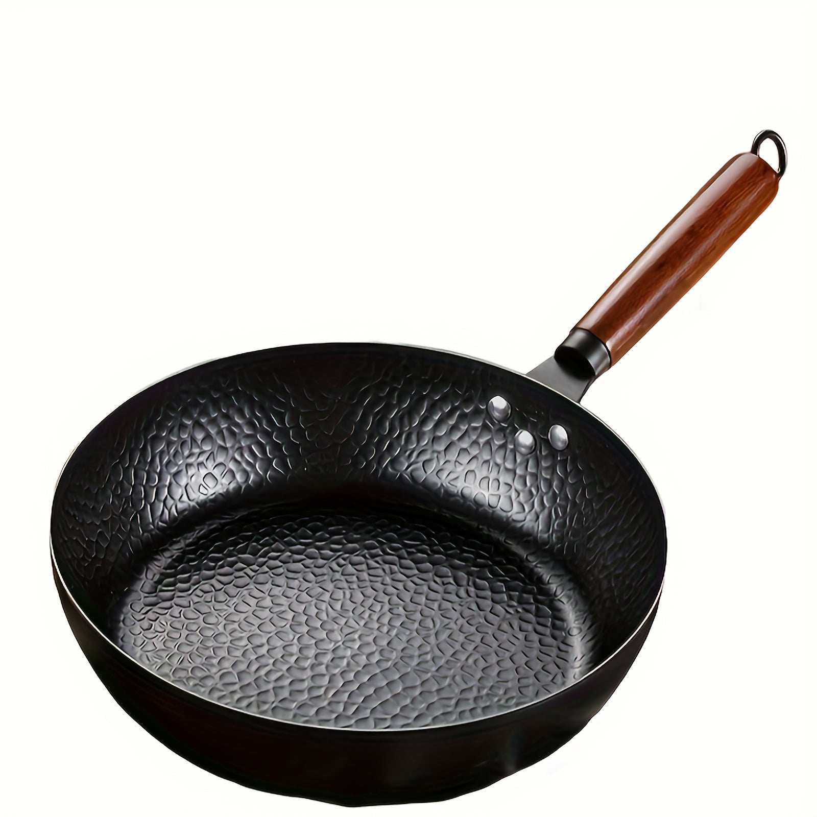Non-Stick Cast Iron Wok Wooden Handle Hammered Flat Bottom All Stovetops