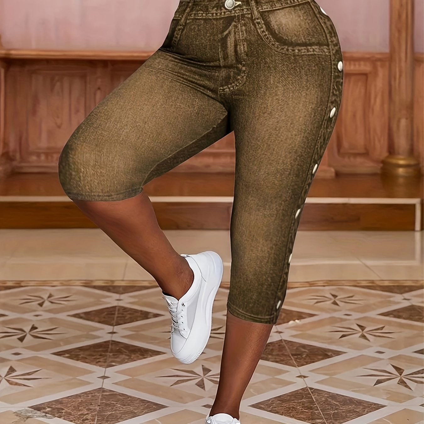 Plus Size Women’s Faux Denim High-Waisted Stretch Skinny Capris